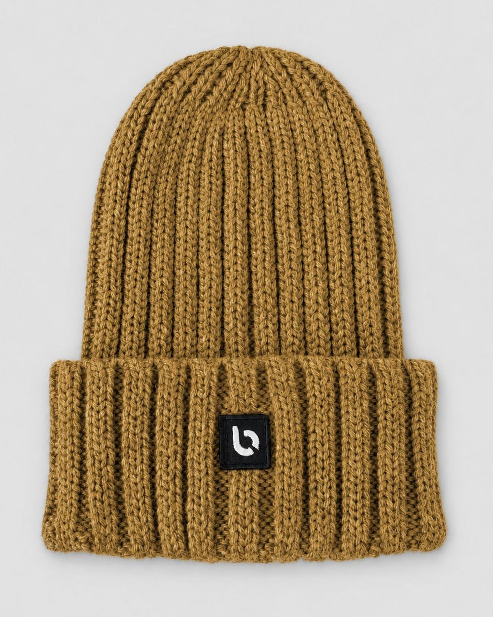 Londinese Beanie, berretto a coste senape (Mustard) con patch Londinese, vista frontale