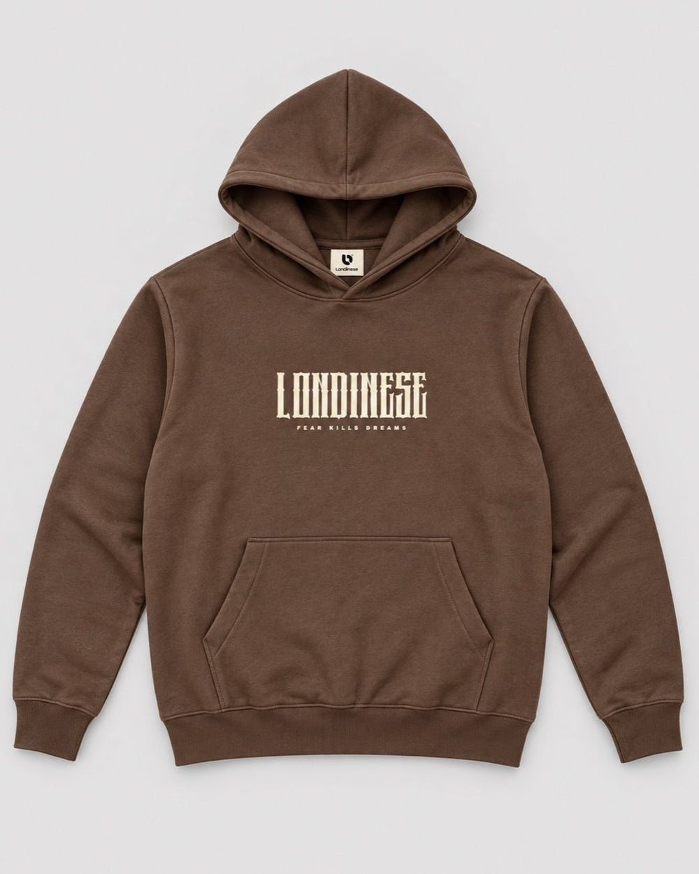 Londinese Block 9, felpa con cappuccio marrone moka (Mocha) con logo in rilievo sul petto, vista frontale