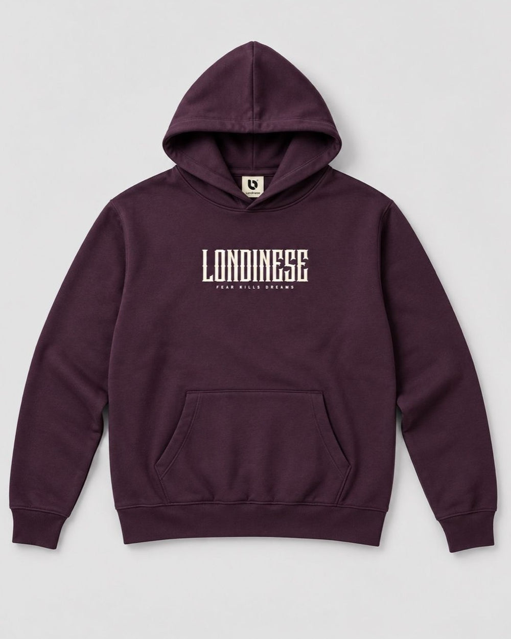 Londinese Block 9, felpa con cappuccio prugna (Plum) con logo in rilievo sul petto, vista frontale