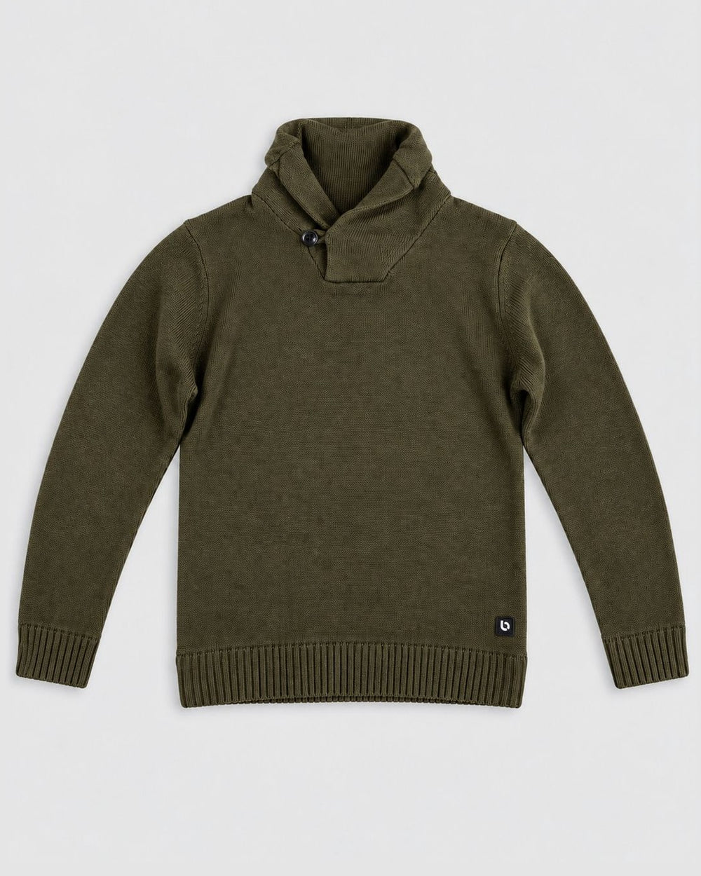 Londinese Camden Sweater, maglione verde militare (Army) con polsini e balza in costa inglese, vista frontale