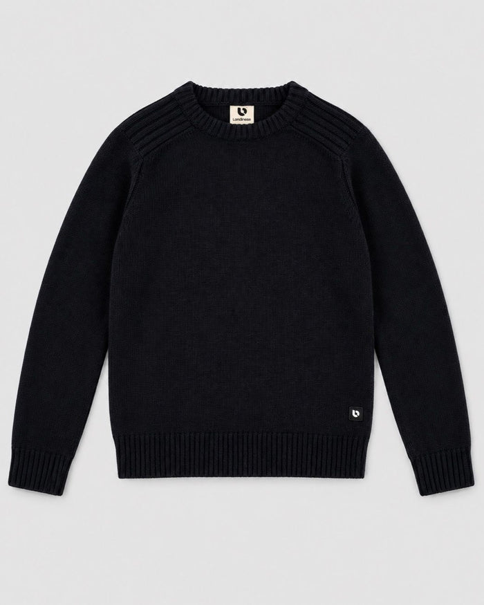 Londinese Chelsea Sweater, maglione blu e nero (Blue/Black) con polsini e balza in costa inglese, vista frontale