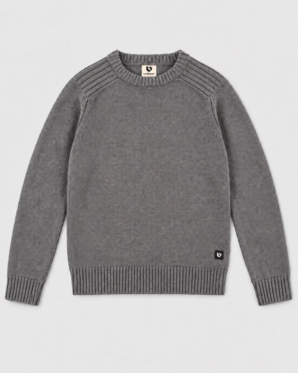 Londinese Chelsea Sweater, maglione grigio (Grey) con polsini e balza in costa inglese, vista frontale