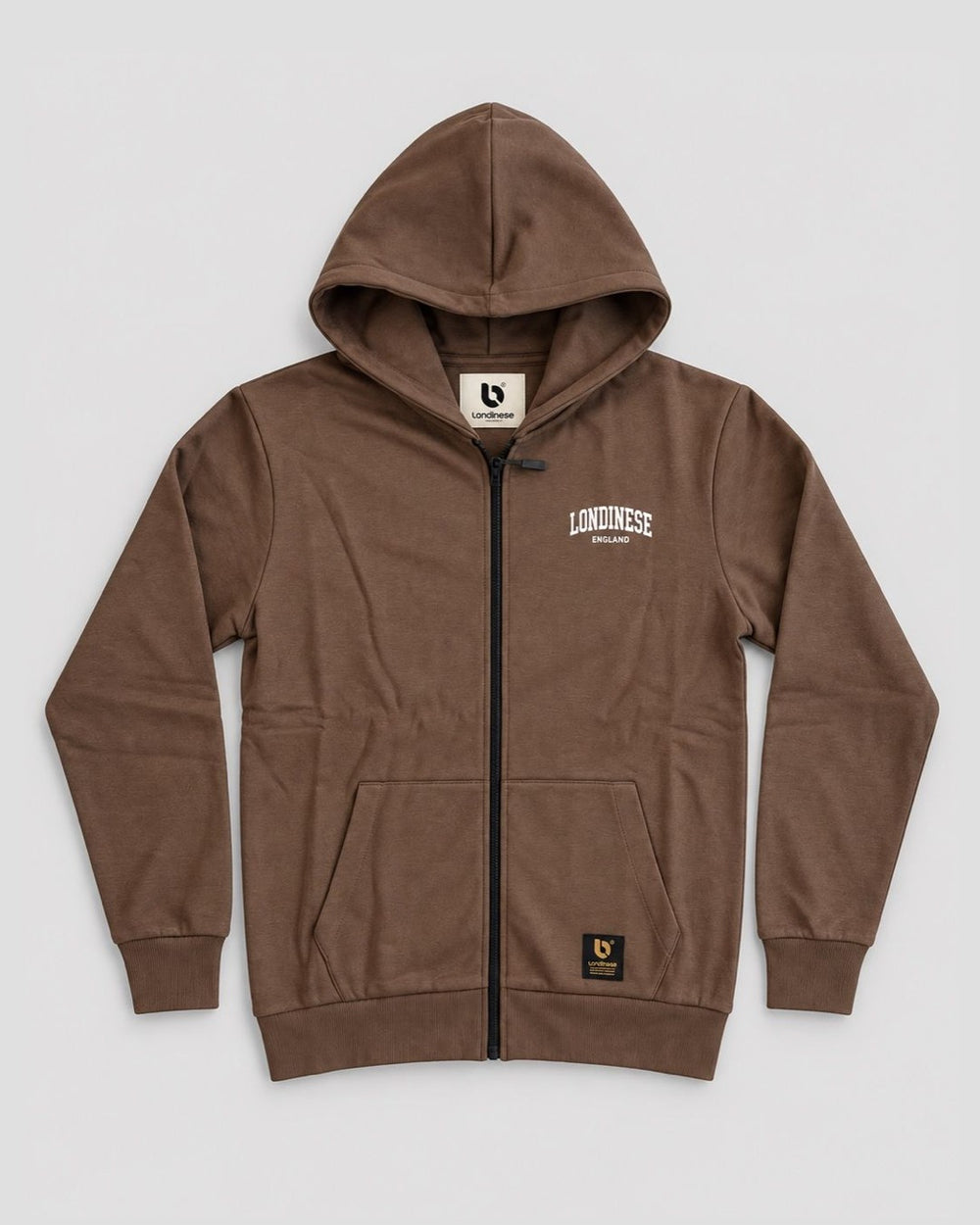 Londinese Chester Fz, felpa con zip e cappuccio marrone moka (Mocha) della linea Chester, vista frontale