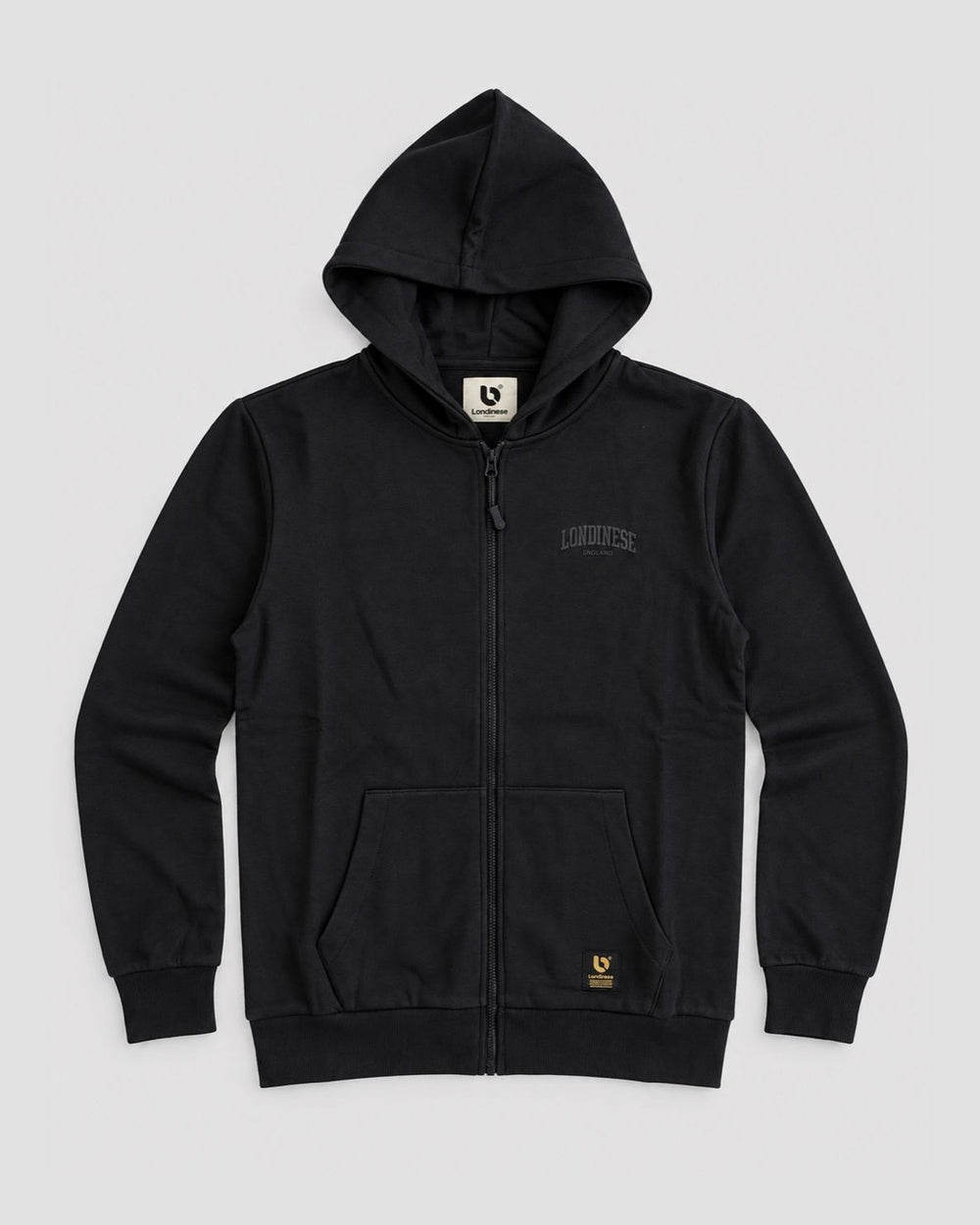 Londinese Chester Fz, felpa con zip e cappuccio nera (Black) della linea Chester, vista frontale