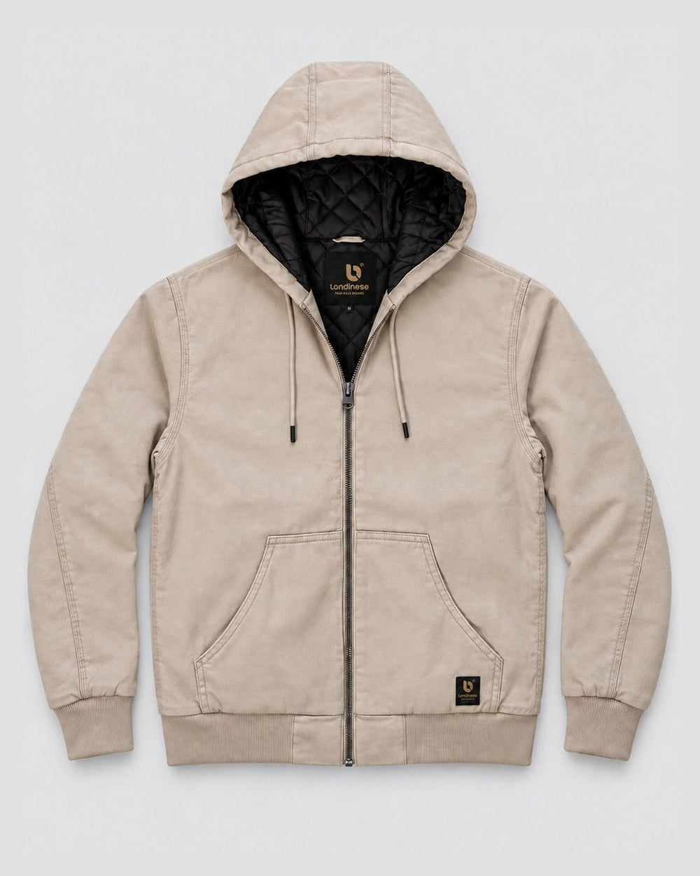 Londinese Colossus, giubbotto bomber con cappuccio beige (Beige) con tela di cotone e fodera imbottita, vista frontale