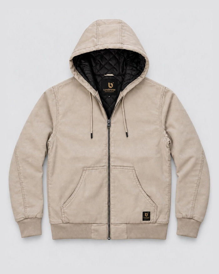 Londinese Colossus, giubbotto bomber con cappuccio beige (Beige) con tela di cotone e fodera imbottita, vista frontale