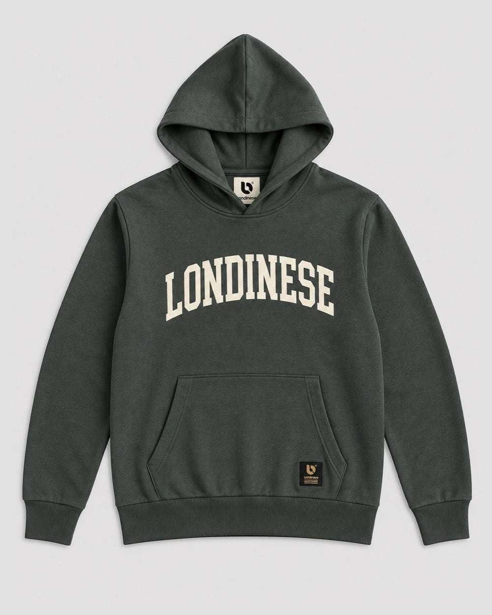 Londinese Dogtown, felpa con cappuccio verde scuro (Hunter) con grafica collegiate, vista frontale