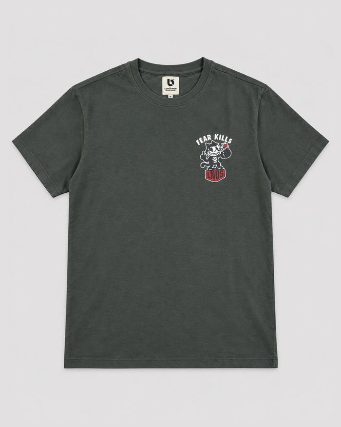 Londinese Felix, t-shirt verde scuro (Hunter) con stampe cartoon davanti e dietro, vista frontale