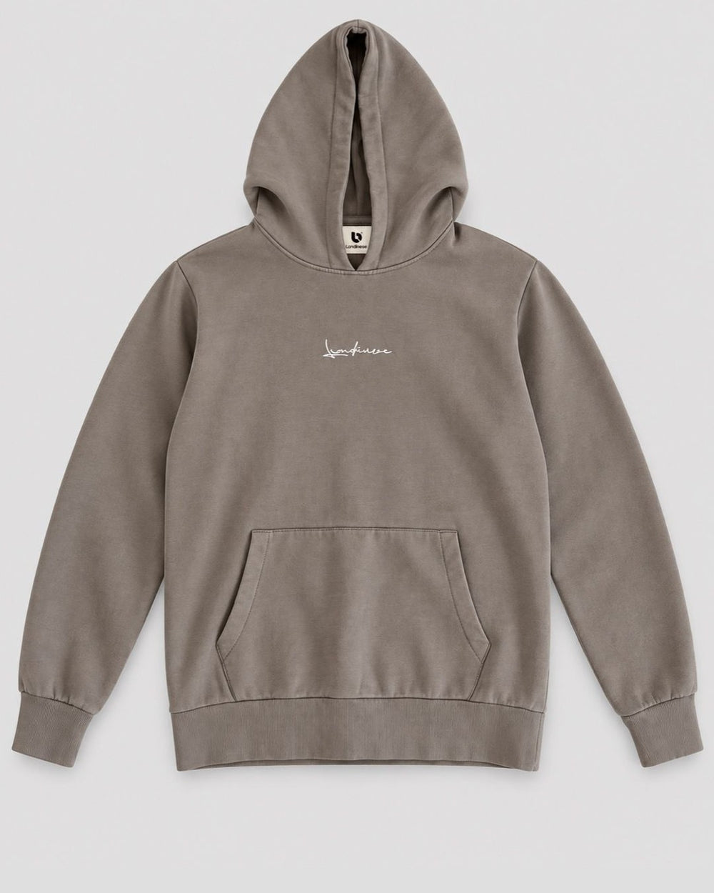 Londinese Futura Hoodie, felpa con cappuccio grigio pietra (Stone Dust) con ricamo sul petto e lavaggio acid wash, vista frontale