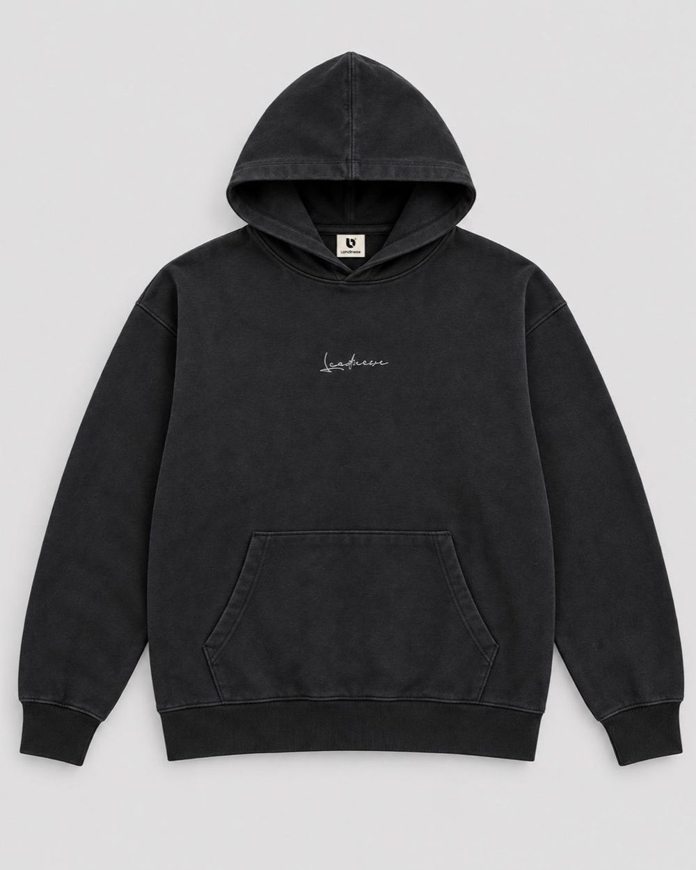 Londinese Futura Hoodie, felpa con cappuccio nera (Black Dusty) con ricamo sul petto e lavaggio acid wash, vista frontale