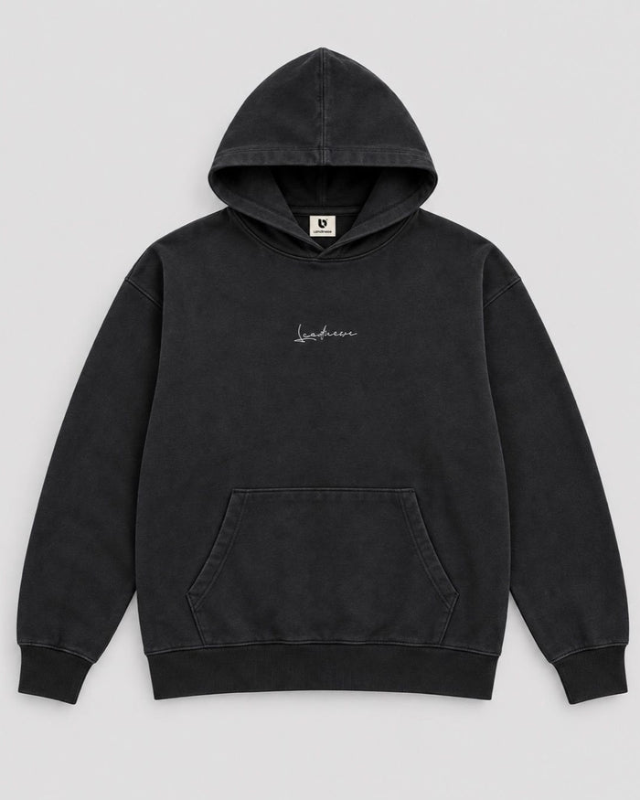 Londinese Futura Hoodie, felpa con cappuccio nera (Black Dusty) con ricamo sul petto e lavaggio acid wash, vista frontale
