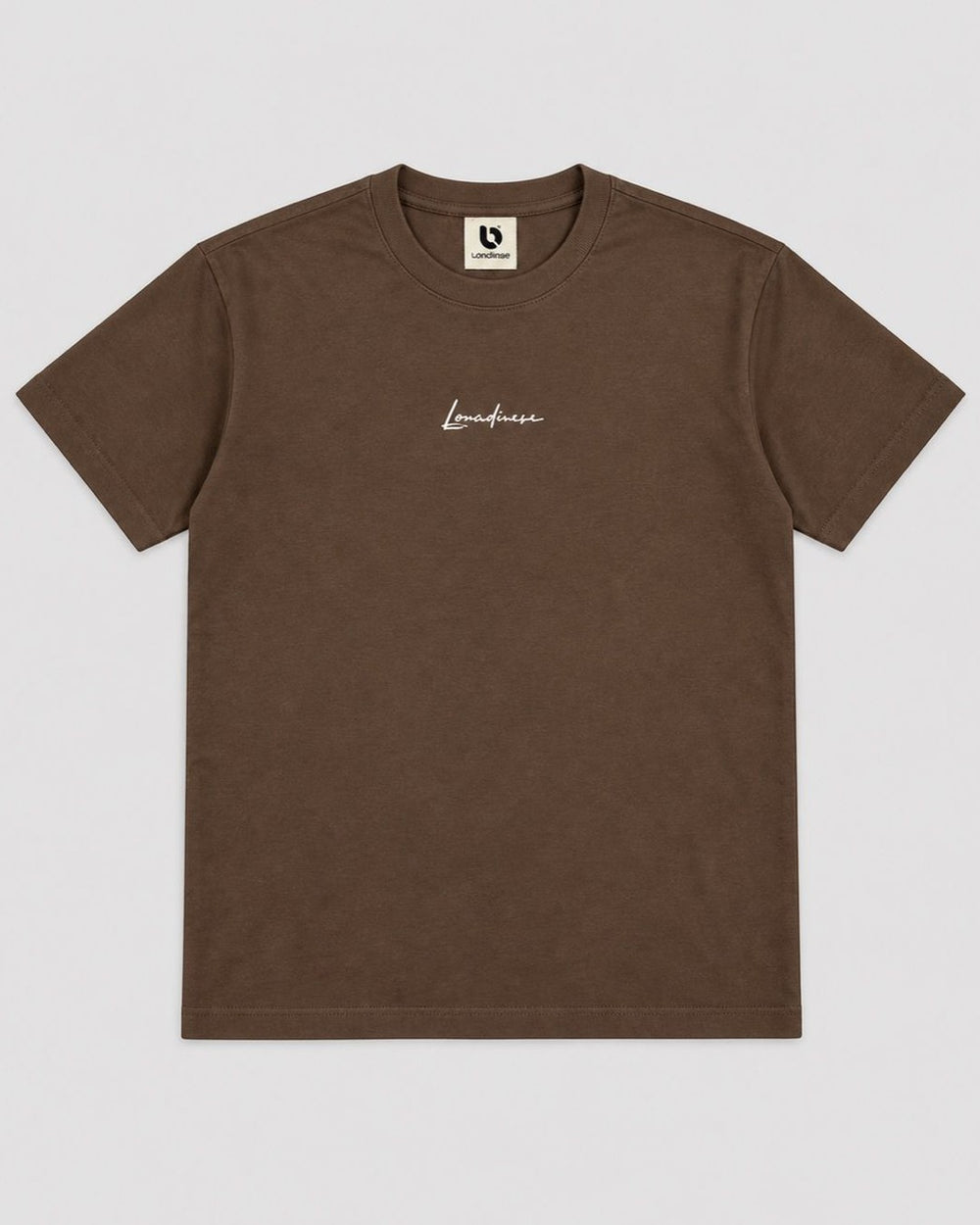 Londinese Futura Tee, t-shirt marrone moka (Mocha) con scritta Londinese ricamata sul petto, vista frontale