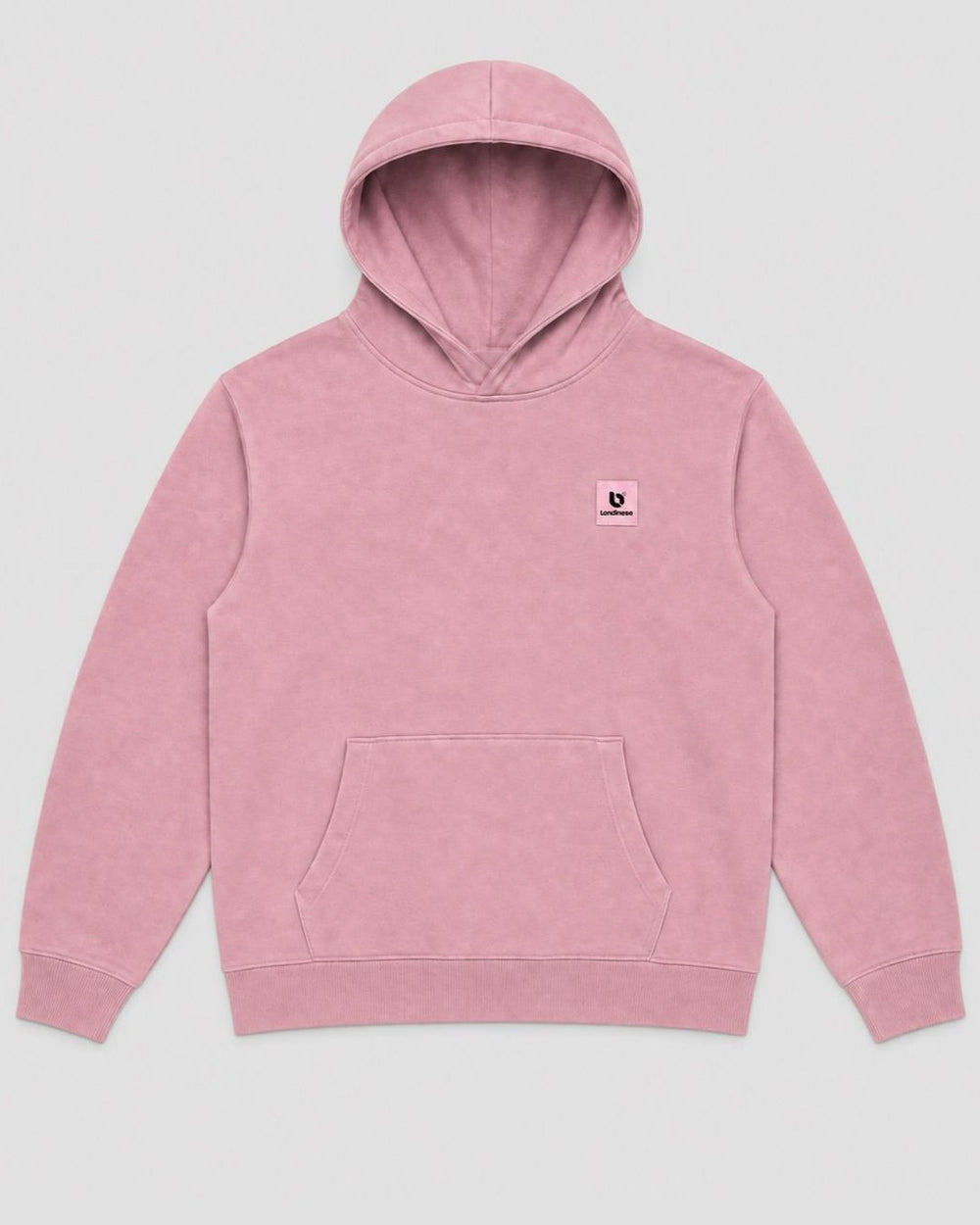 Londinese Invincible, felpa con cappuccio rosa (Pink Dusty) con tasca a marsupio e lavaggio acid wash, vista frontale