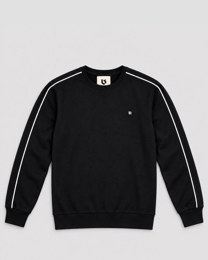 Londinese Marshall Crew, felpa girocollo nera (Black) con piping bianco sulle maniche, vista frontale