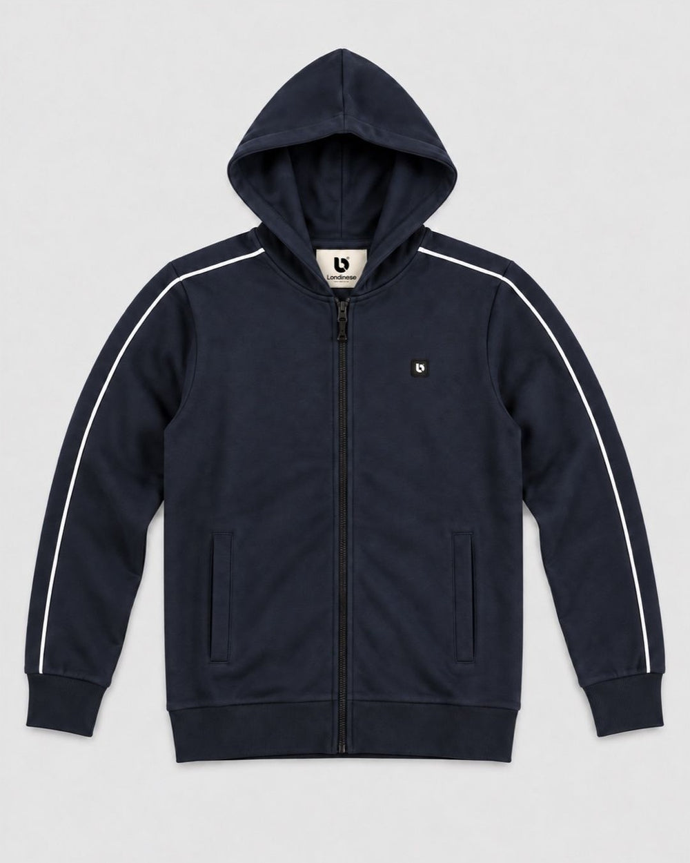 Londinese Marshall Fz, felpa con zip e cappuccio blu navy (Navy) con piping bianco sulle maniche, vista frontale