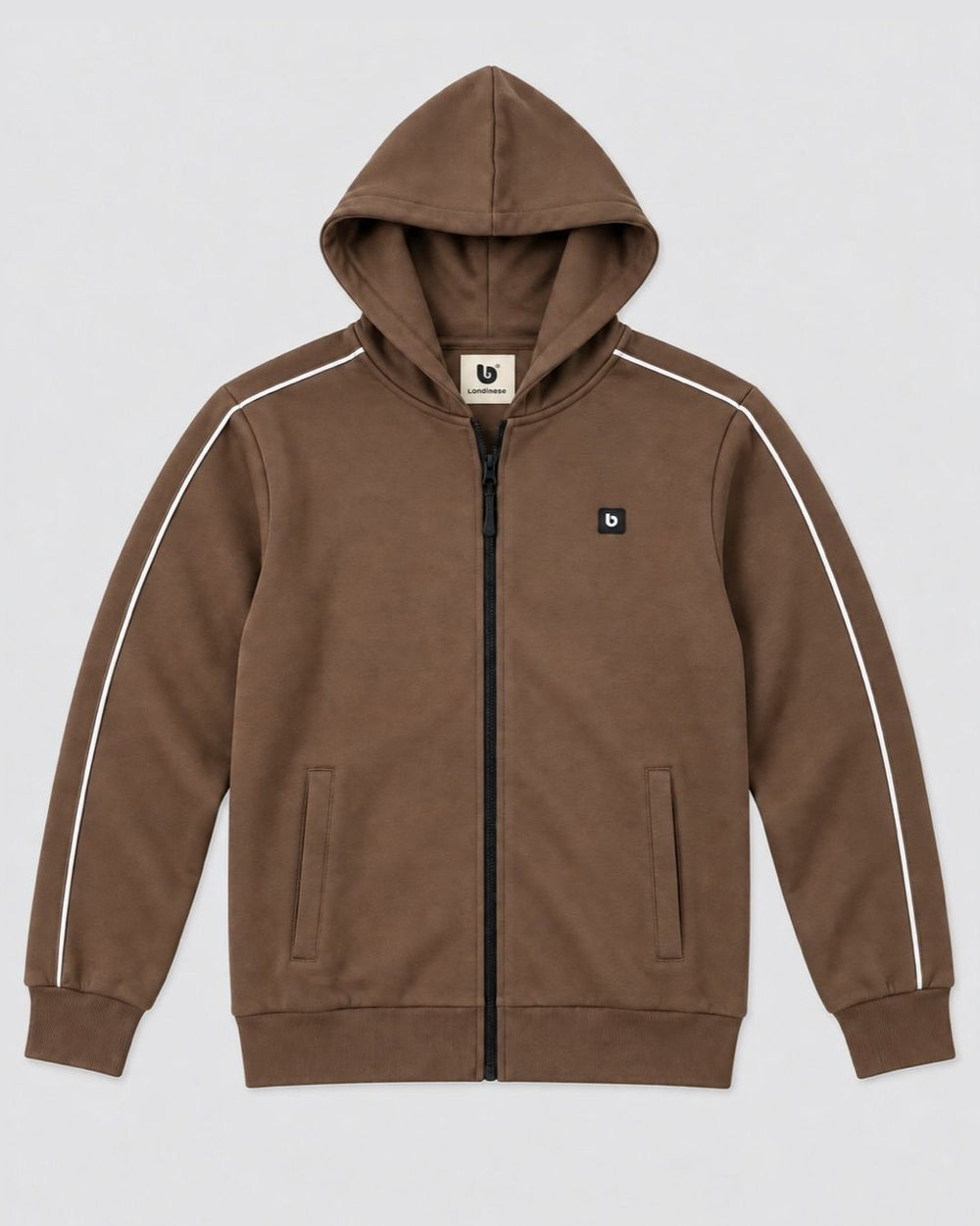 Londinese Marshall Fz, felpa con zip e cappuccio marrone moka (Mocha) con piping bianco sulle maniche, vista frontale