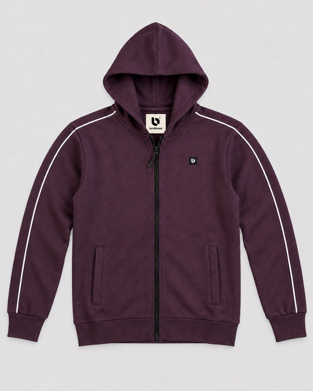 Londinese Marshall Fz, felpa con zip e cappuccio prugna (Plum) con piping bianco sulle maniche, vista frontale