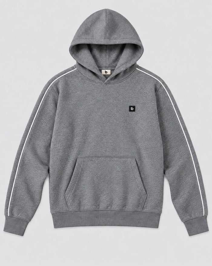 Londinese Marshall Hoodie, felpa con cappuccio grigia (Ash) con piping bianco sulle maniche, vista frontale