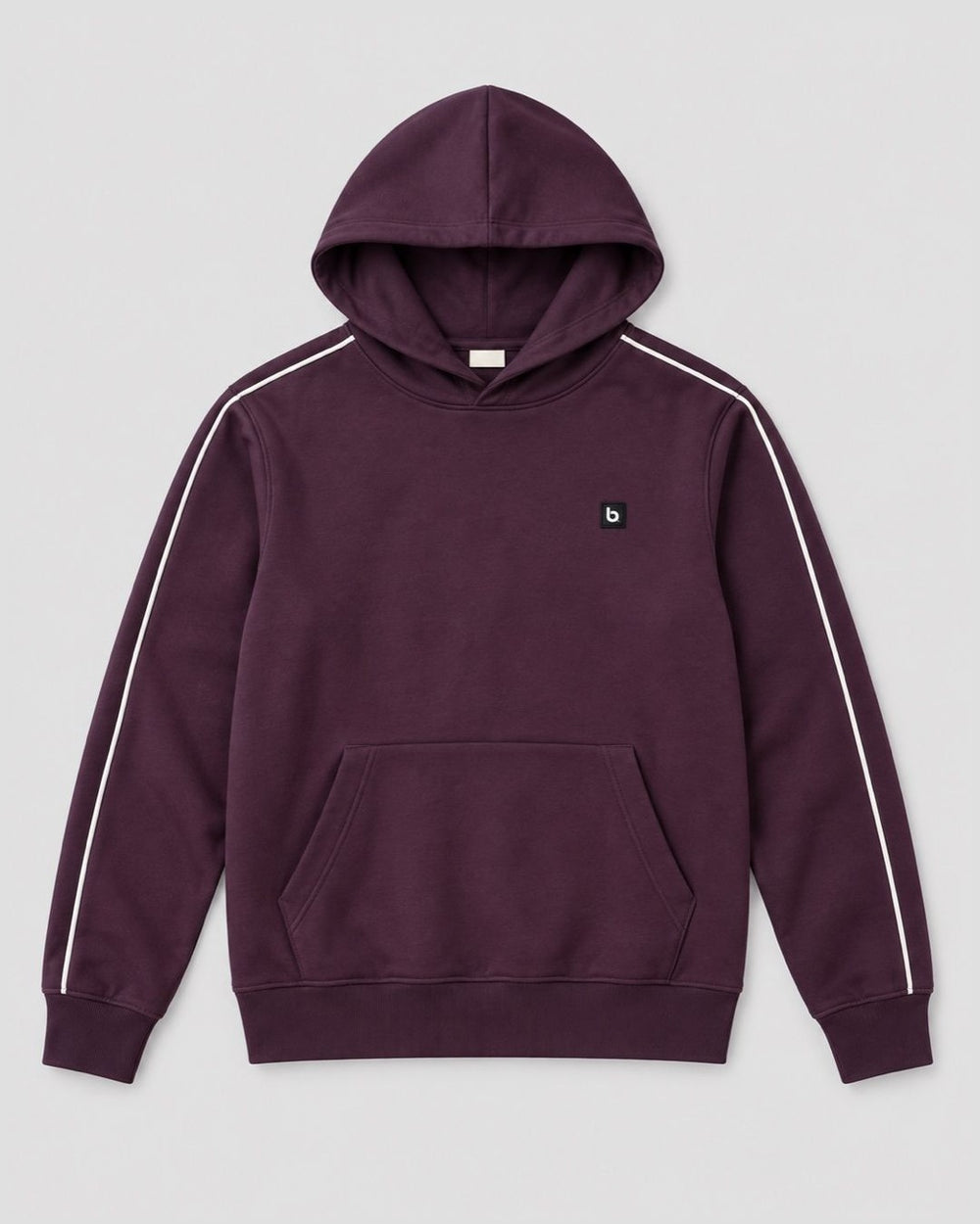 Londinese Marshall Hoodie, felpa con cappuccio prugna (Plum) con piping bianco sulle maniche, vista frontale