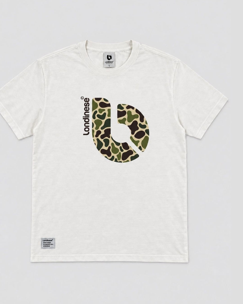 Londinese Origin, t-shirt avorio (Ivory) con logo in camouflage, vista frontale