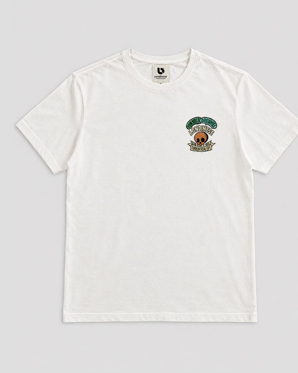 Londinese Tomb, t-shirt avorio (Ivory) con stampe skull davanti e dietro, vista frontale