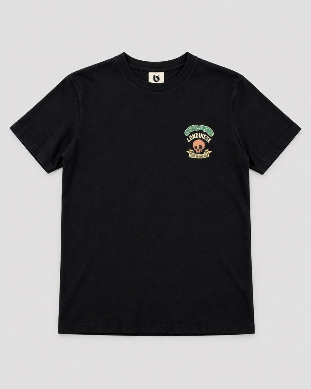 Londinese Tomb, t-shirt nera (Black) con stampe skull davanti e dietro, vista frontale