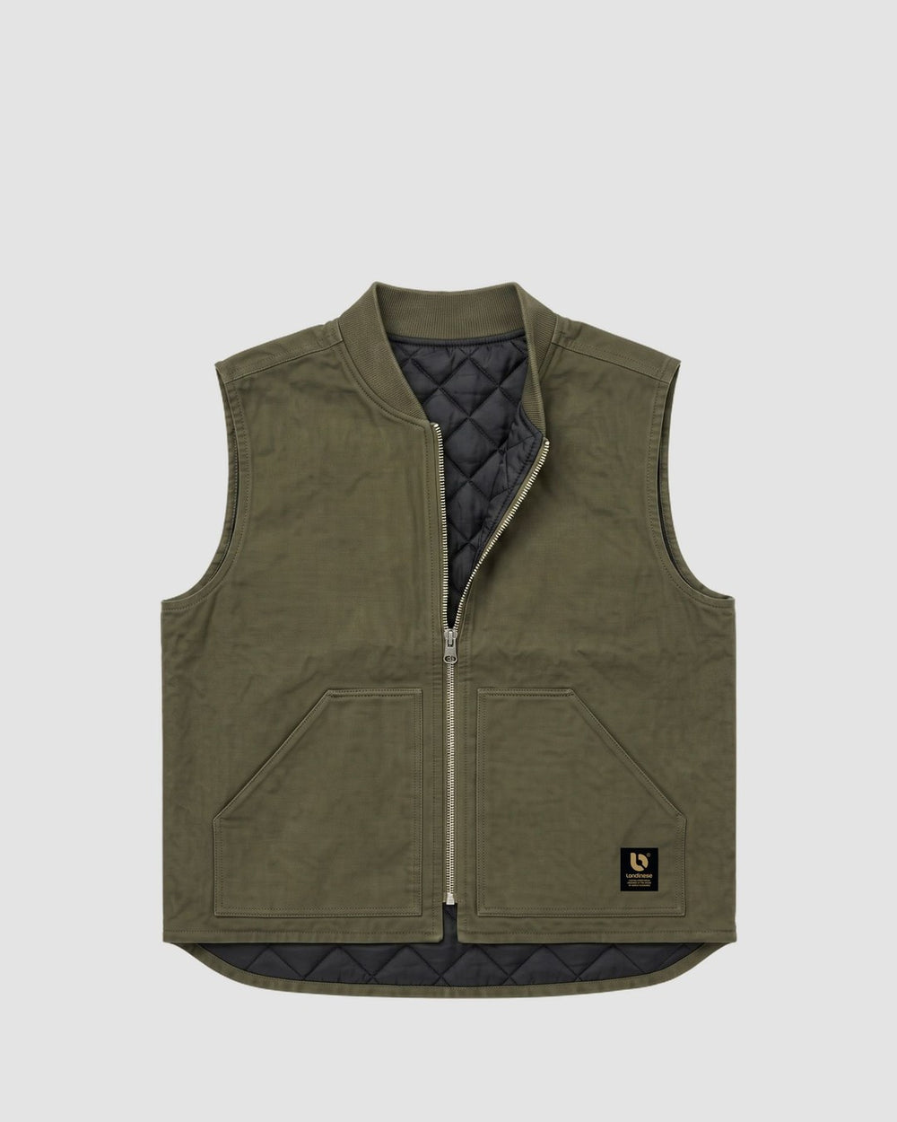 Londinese Vest, gilet imbottito verde militare (Army) con tela di cotone e zip intera, vista frontale