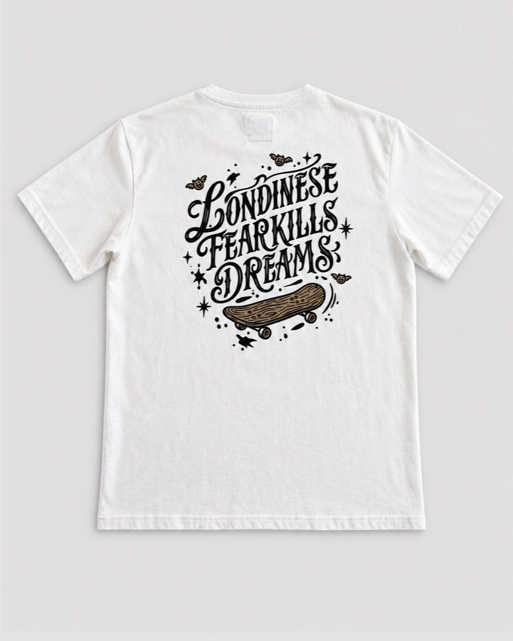 Londinese Afterparty, t-shirt avorio (Ivory) con stampe skateboarding davanti e dietro, vista posteriore