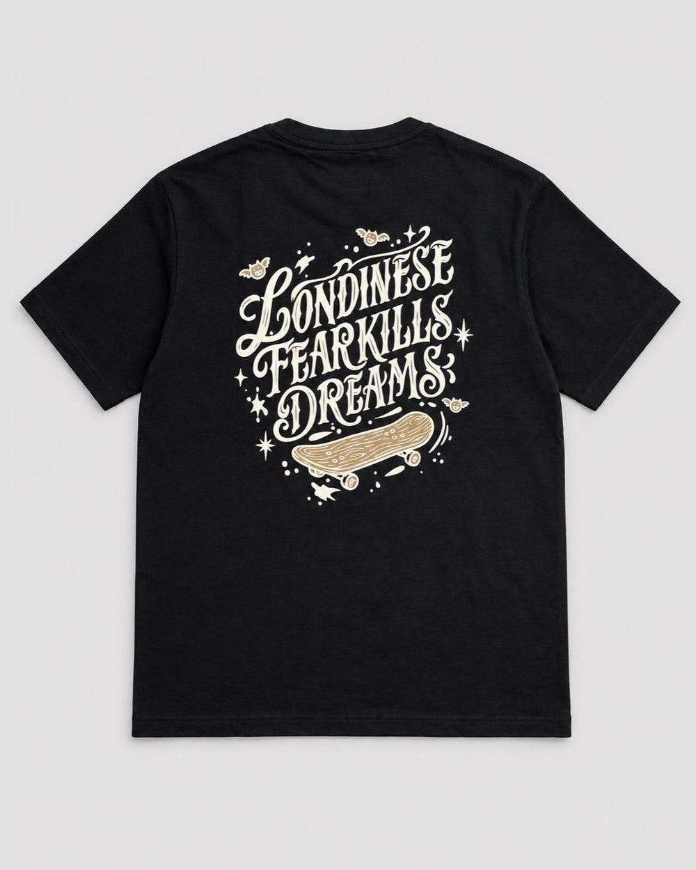 Londinese Afterparty, t-shirt nera (Black) con stampe skateboarding davanti e dietro, vista posteriore