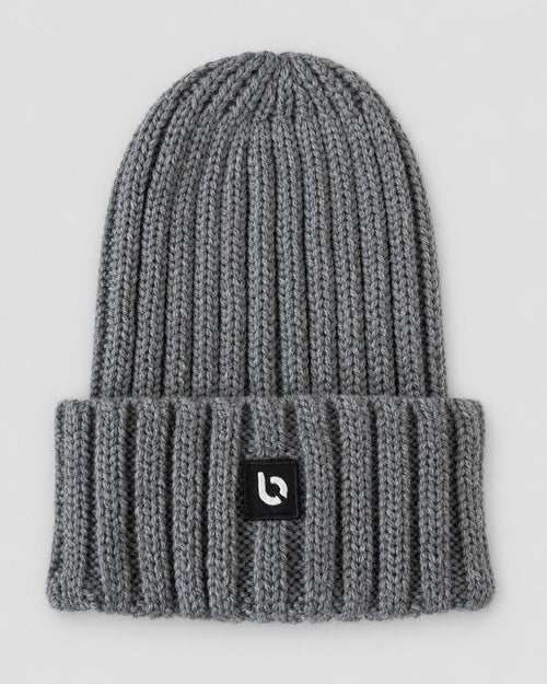 Londinese Beanie, berretto a coste grigio (Grey) con patch Londinese, vista frontale