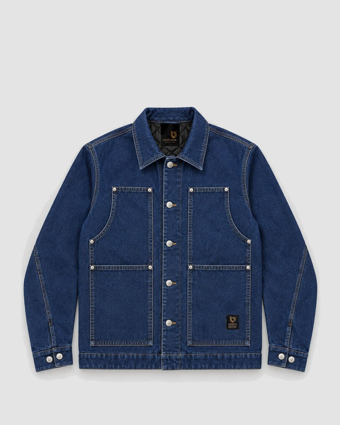 Londinese Blacksmith, giubbotto in denim con fodera imbottita e doppie tasche, vista frontale