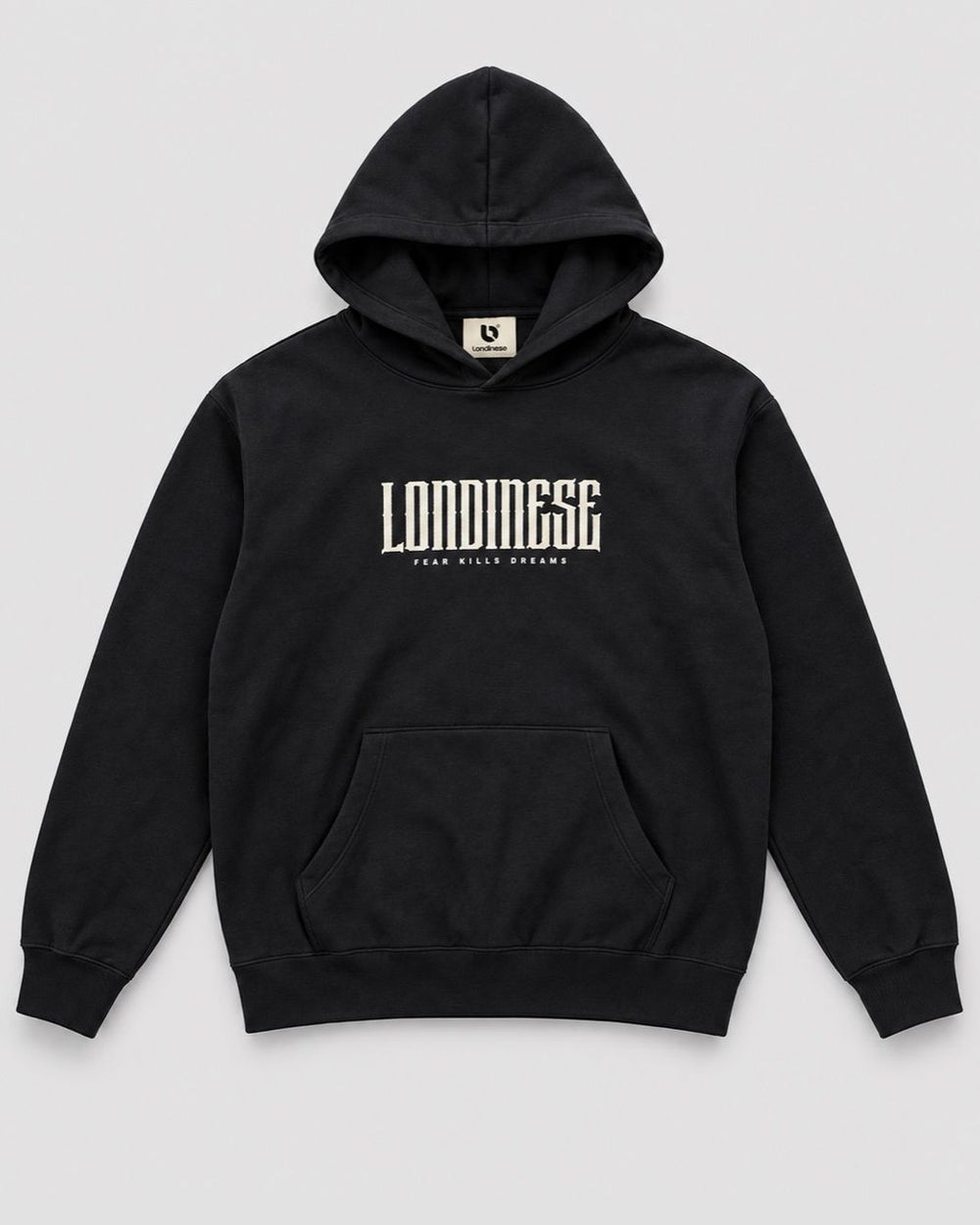 Londinese Block 9, felpa con cappuccio nera (Black) con logo in rilievo sul petto, vista frontale