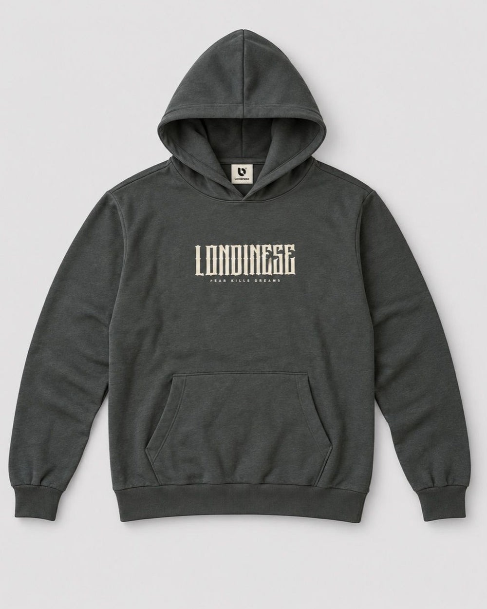 Londinese Block 9, felpa con cappuccio verde scuro (Hunter) con logo in rilievo sul petto, vista frontale