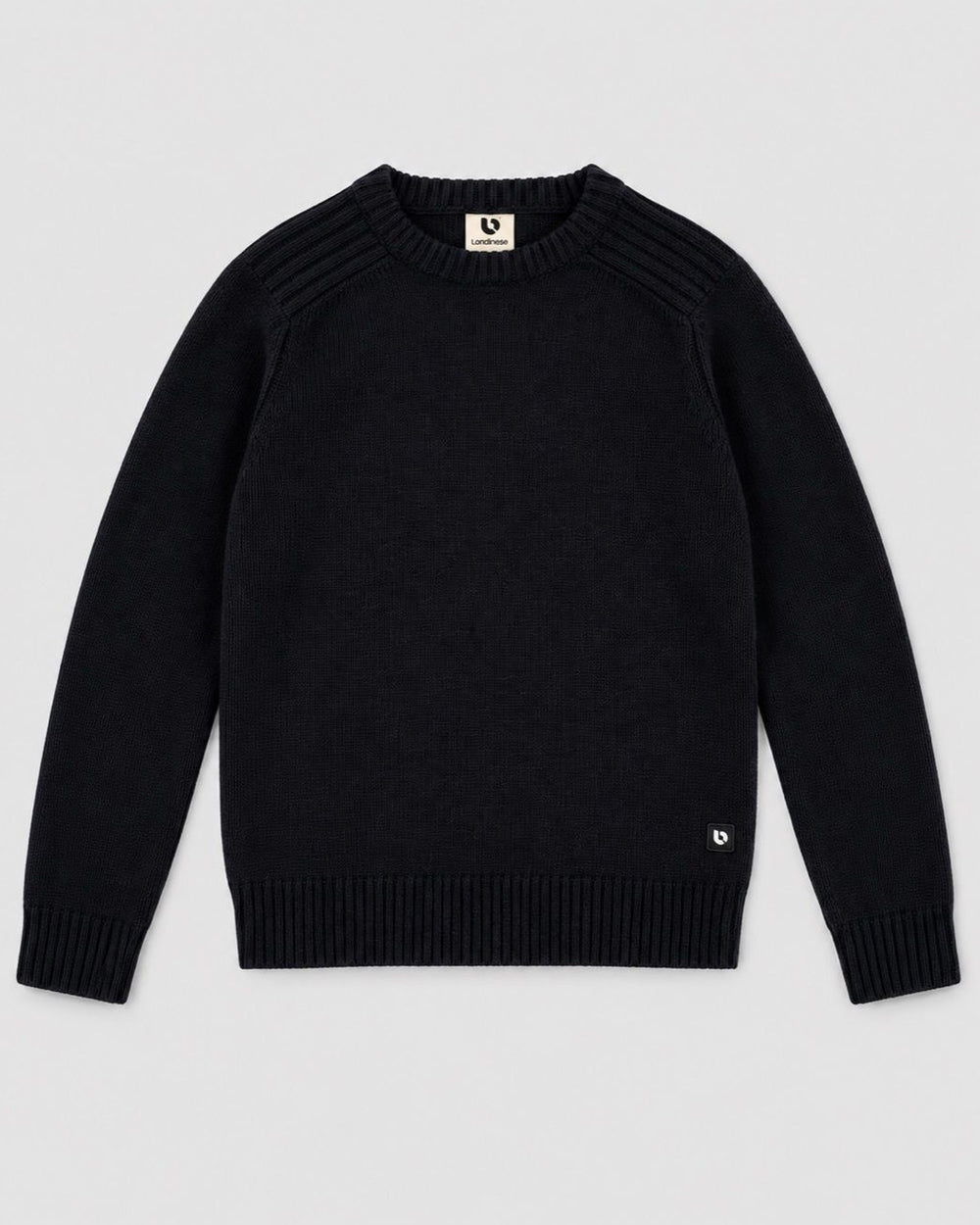 Londinese Chelsea Sweater, maglione blu e nero (Blue/Black) con polsini e balza in costa inglese, vista frontale