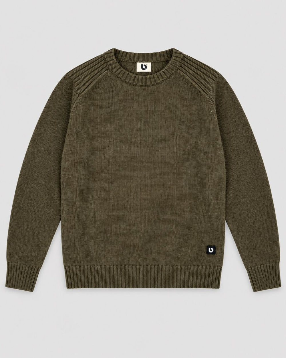 Londinese Chelsea Sweater, maglione verde militare (Army) con polsini e balza in costa inglese, vista frontale