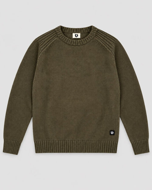 Londinese Chelsea Sweater, maglione verde militare (Army) con polsini e balza in costa inglese, vista frontale