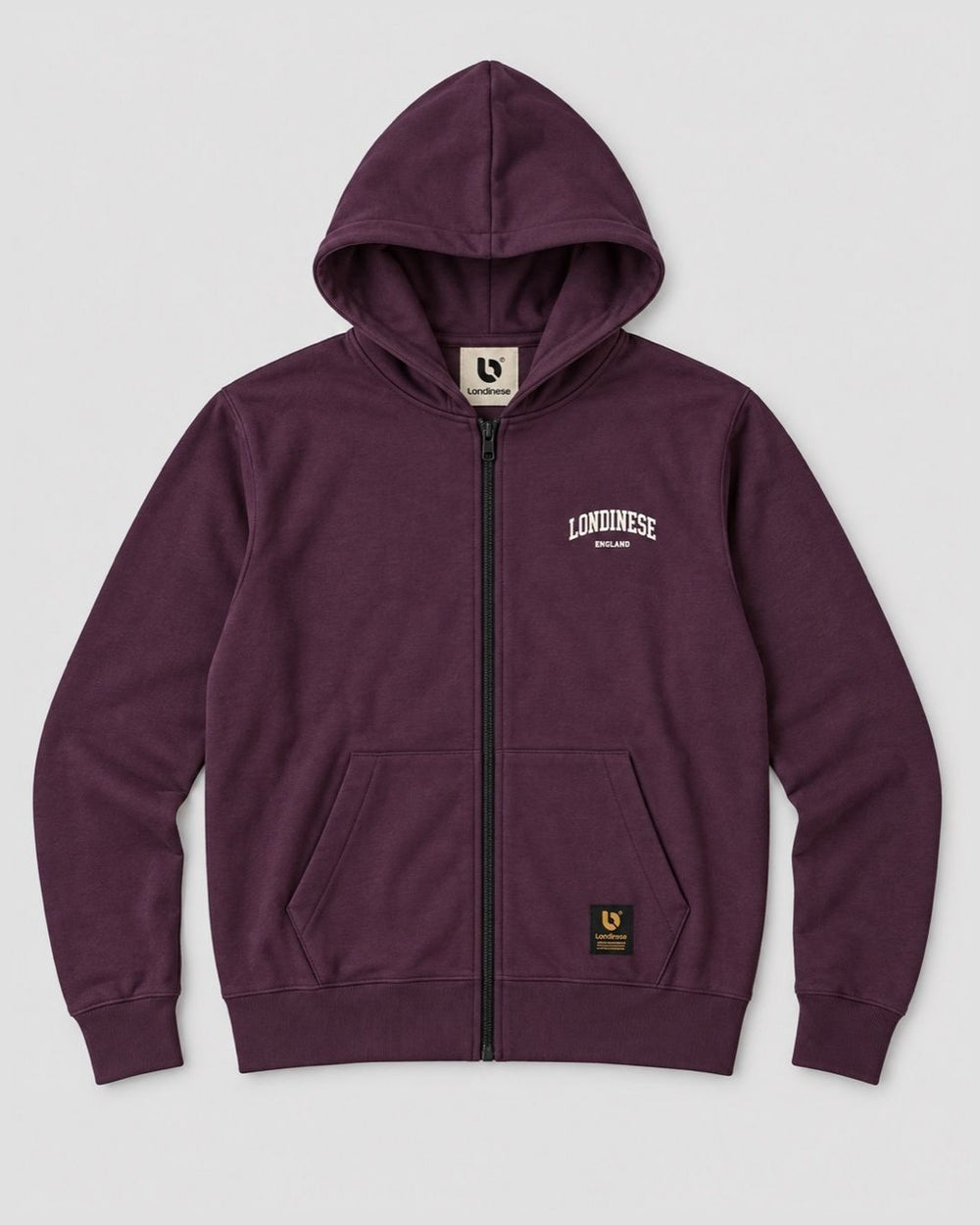 Londinese Chester Fz, felpa con zip e cappuccio prugna (Plum) della linea Chester, vista frontale