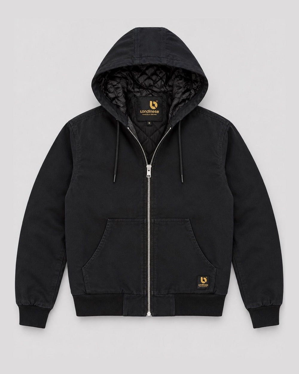 Londinese Colossus, giubbotto bomber con cappuccio nero (Black) con tela di cotone e fodera imbottita, vista frontale