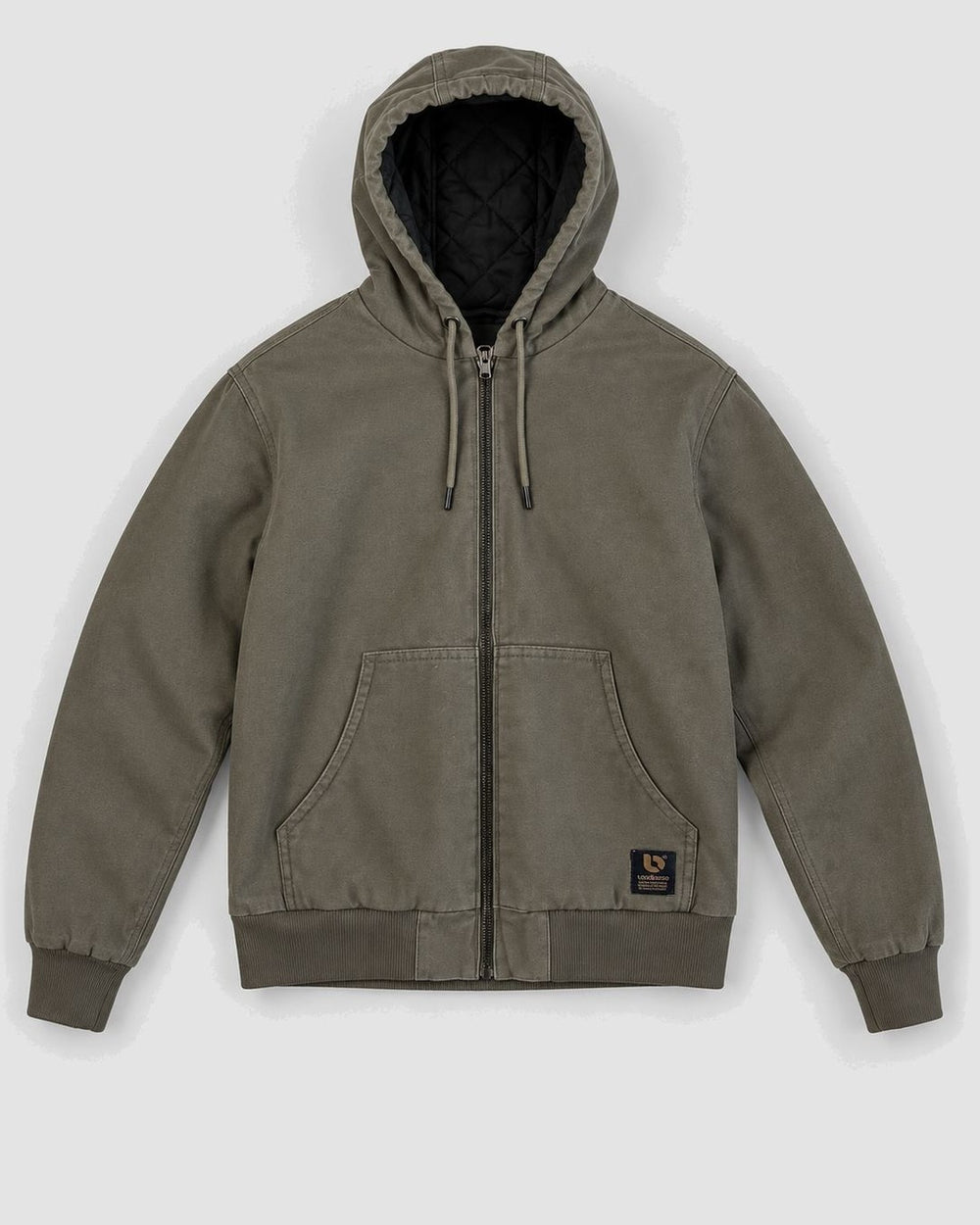 Londinese Colossus, giubbotto bomber con cappuccio verde militare (Army) con tela di cotone e fodera imbottita, vista frontale