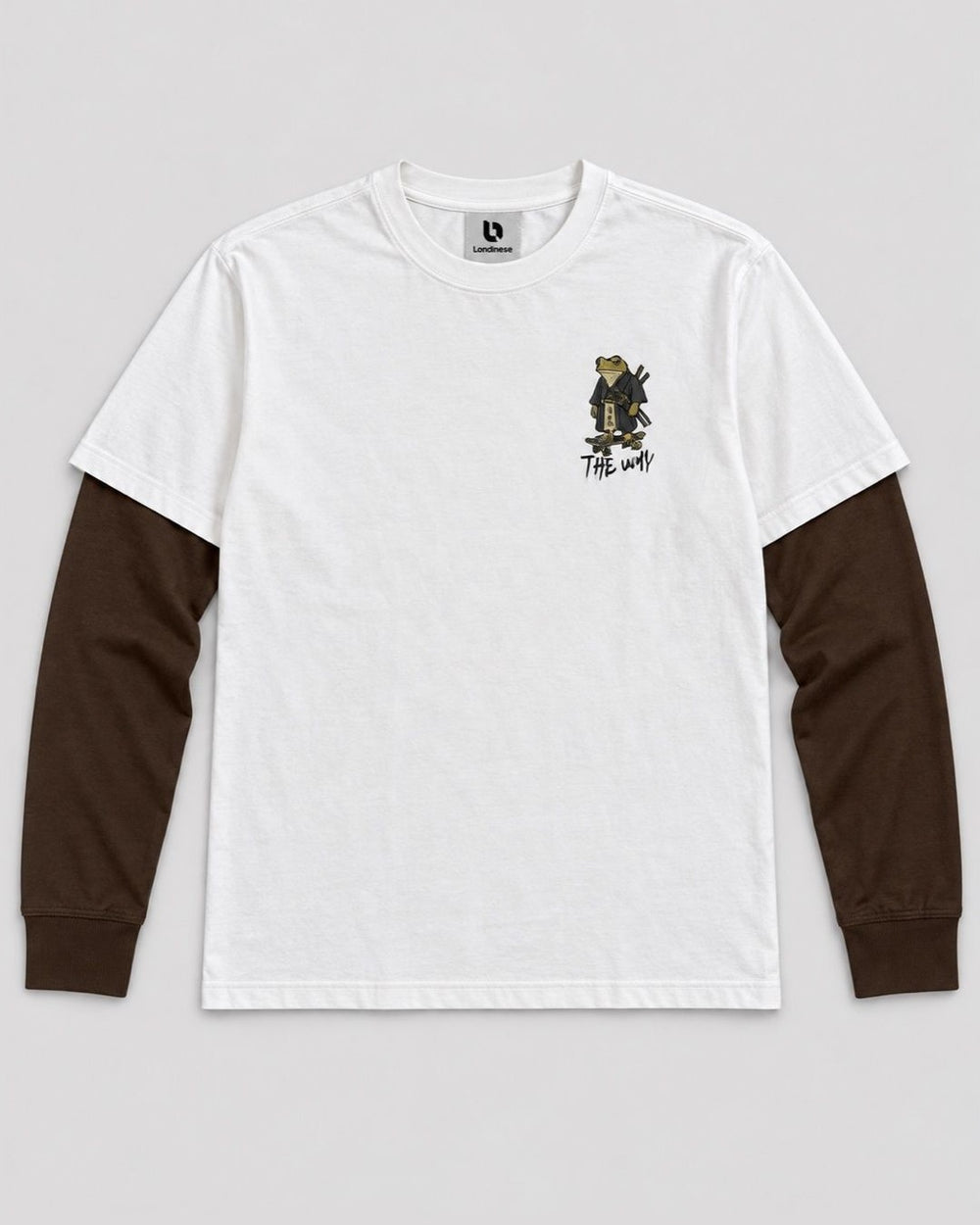 Londinese Double Way, t-shirt a doppia manica avorio e moka (Ivory/Mocha) con samurai stampato sul petto, vista frontale