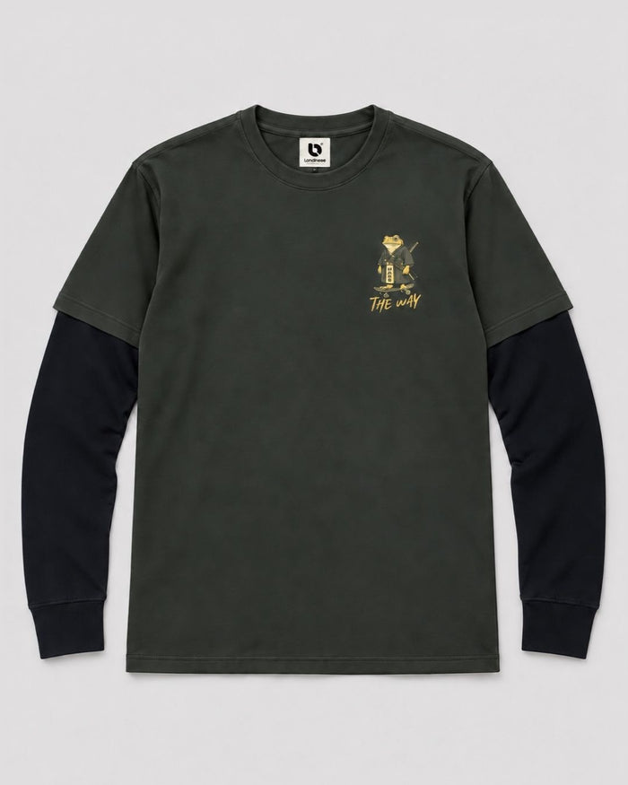 Londinese Double Way, t-shirt a doppia manica verde scuro e nera (Hunter/Black) con samurai stampato sul petto, vista frontale