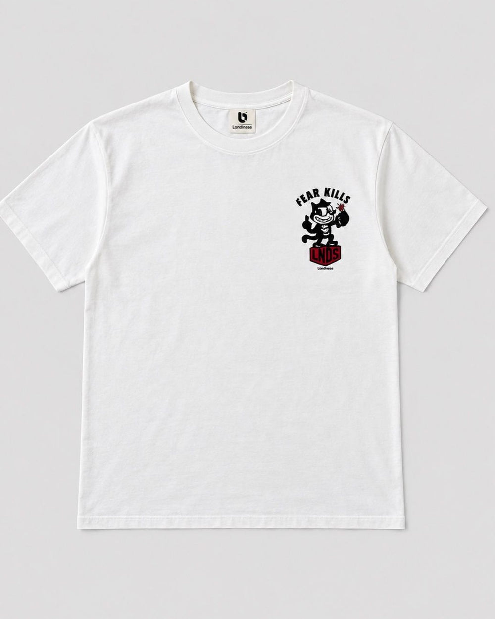 Londinese Felix, t-shirt avorio (Ivory) con stampe cartoon davanti e dietro, vista frontale