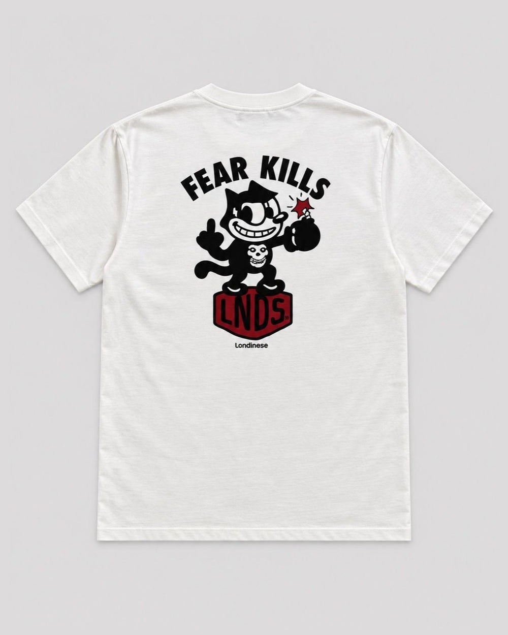 Londinese Felix, t-shirt avorio (Ivory) con stampe cartoon davanti e dietro, vista posteriore