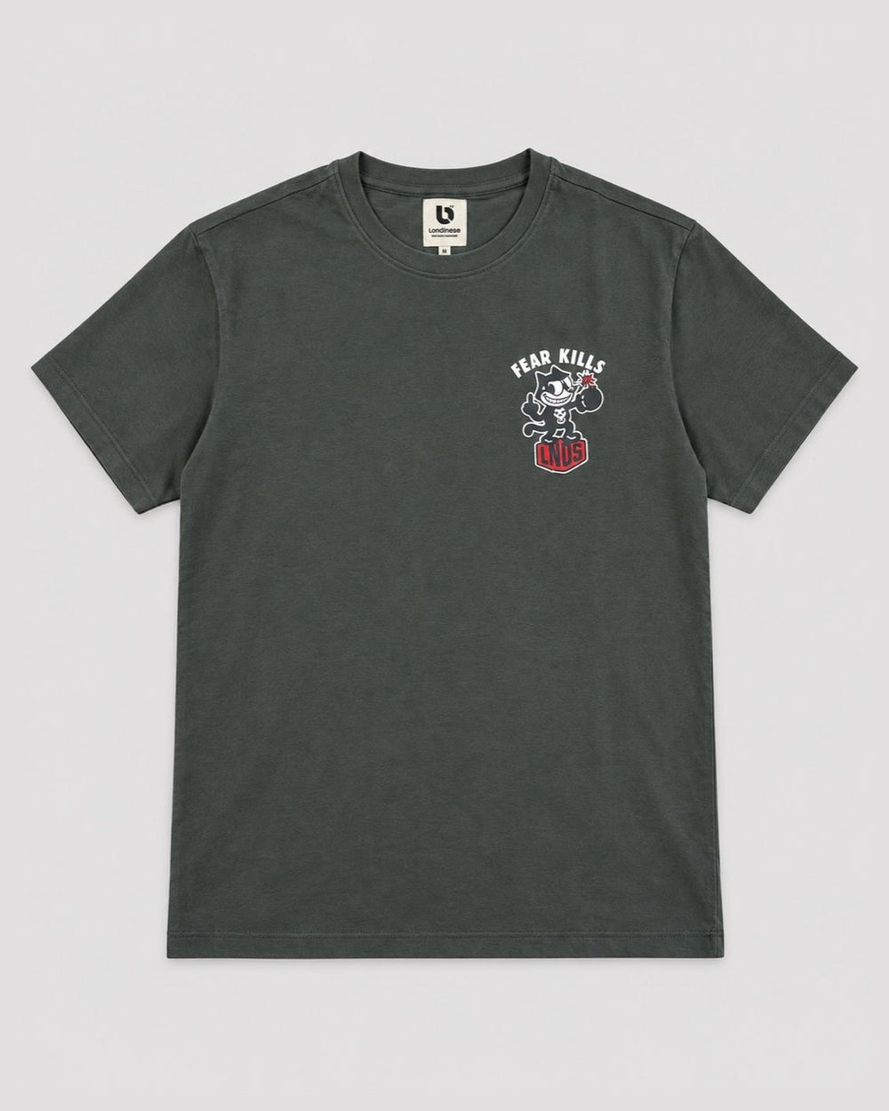 Londinese Felix, t-shirt verde scuro (Hunter) con stampe cartoon davanti e dietro, vista frontale