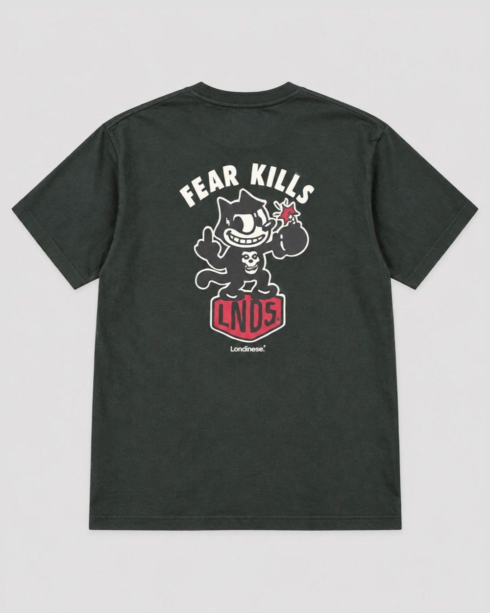 Londinese Felix, t-shirt verde scuro (Hunter) con stampe cartoon davanti e dietro, vista posteriore