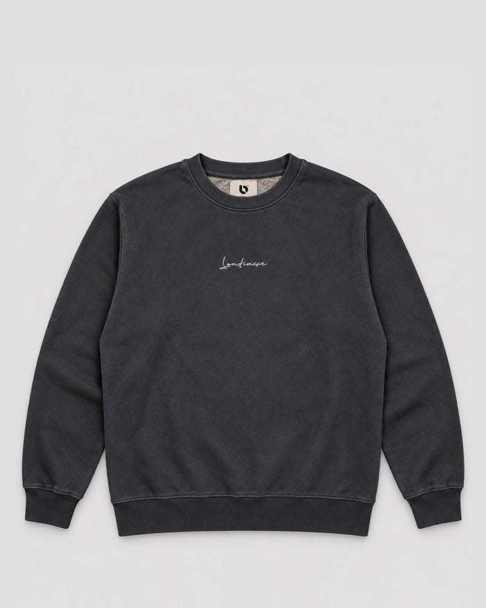 Londinese Futura Crew, felpa girocollo nera (Black Dusty) con ricamo sul petto e lavaggio acid wash, vista frontale