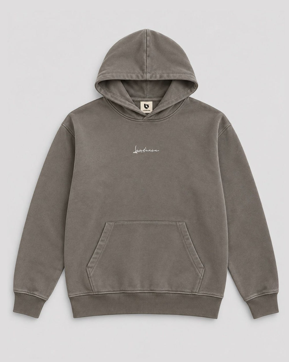 Londinese Futura Hoodie, felpa con cappuccio verde timo (Timo Dust) con ricamo sul petto e lavaggio acid wash, vista frontale
