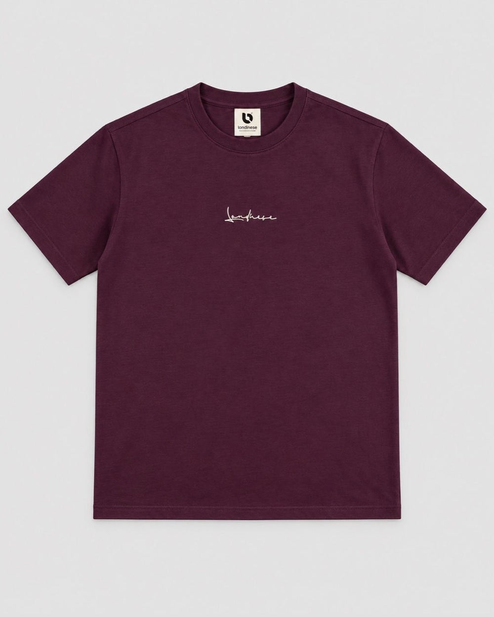 Londinese Futura Tee, t-shirt prugna (Plum) con scritta Londinese ricamata sul petto, vista frontale