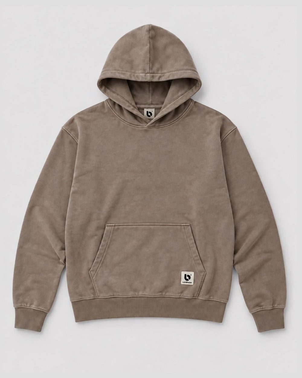 Londinese Invincible, felpa con cappuccio grigio pietra (Stone Dust) con tasca a marsupio e lavaggio acid wash, vista frontale