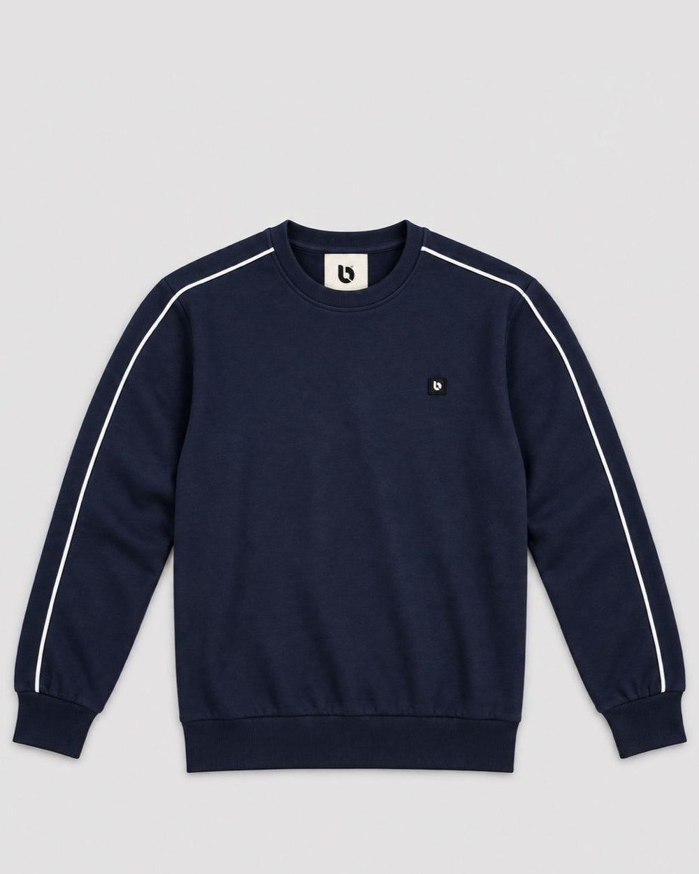Londinese Marshall Crew, felpa girocollo blu navy (Navy) con piping bianco sulle maniche, vista frontale